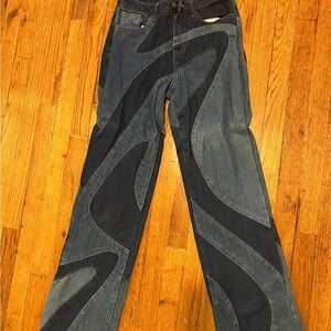 Blue and Black Straight Jeans with Artistic Design